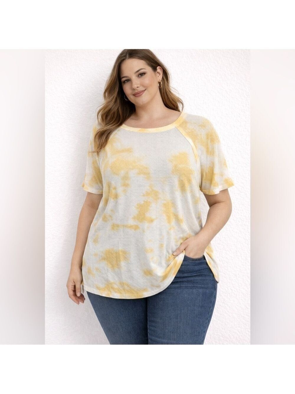 LuLaRoe Yellow Tie Dye Waffle Knit Top Size Medium Short Sleeve Side Slit Tunic